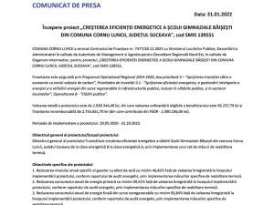 Începere proiect „CREȘTEREA EFICIENȚEI ENERGETICE A ȘCOLII GIMNAZIALE BĂIȘEȘTI DIN COMUNA CORNU LUNCII, JUDEȚUL SUCEAVA&quot;, cod SMIS 139551