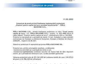 Comunicat de presă privind finalizarea implementării proiectului „Granturi pentru capital de lucru acordate beneficiarilor” – PERLA BUCOVINEI S.R.L.