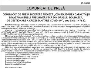 COMUNICAT DE PRESĂ ÎNCEPERE PROIECT „CONSOLIDAREA CAPACITĂŢII ÎNVĂŢĂMÂNTULUI PREUNIVERSITAR DIN ORAŞUL DOLHASCA, DE GESTIONARE A CRIZEI SANITARE COVID-19”, cod SMIS 147632