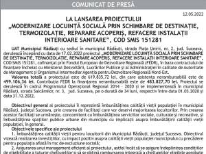 LA LANSAREA PROIECTULUI „MODERNIZARE LOCUINŢĂ SOCIALĂ PRIN SCHIMBARE DE DESTINAŢIE, TERMOIZOLAŢIE, REPARARE ACOPERIŞ, REFACERE INSTALAŢII INTERIOARE SANITARE”, COD SMIS 151281