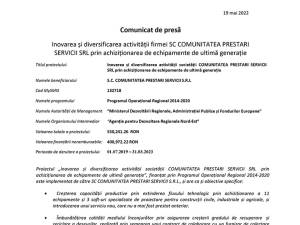 Inovarea și diversificarea activității firmei SC COMUNITATEA PRESTARI SERVICII SRL prin achiziționarea de echipamente de ultimă generație