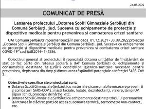 Lansarea proiectului „Dotarea Școlii Gimnaziale Șerbăuți din Comuna Șerbăuți, jud. Suceava cu echipamente de protecție și dispozitive medicale pentru prevenirea și combaterea crizei sanitare COVID-19”