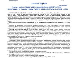 Finalizare proiect „REABILITAREA ȘI MODERNIZAREA INFRASTRUCTURII EDUCAȚIONALE ÎN COMUNA POIANA STAMPEI, JUDEȚUL SUCEAVA”, Cod SMIS: 121903