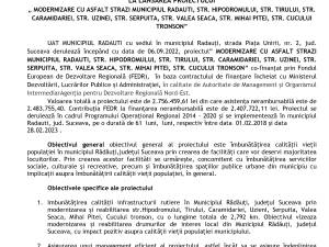 COMUNICAT DE PRESA LA LANSAREA PROIECTULUI „ MODERNIZARE CU ASFALT STRAZI MUNICIPIUL RADAUTI, STR. HIPODROMULUI, STR. TIRULUI, STR. CARAMIDARIEI, STR. UZINEI, STR. SERPUITA, STR. VALEA SEACA, STR. MIHAI PITEI, STR. CUCULUI TRONSON”