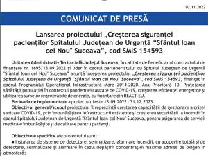 Lansarea proiectului „Creșterea siguranței pacienților Spitalului Județean de Urgență “Sfântul Ioan cel Nou&quot; Suceava”, cod SMIS 154593