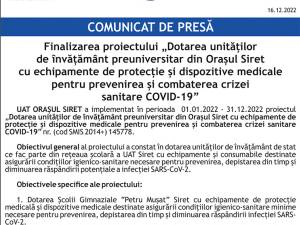 Finalizarea proiectului „Dotarea unităților de învățământ preuniversitar din Orașul Siret cu echipamente de protecție și dispozitive medicale pentru prevenirea și combaterea crizei sanitare COVID-19”